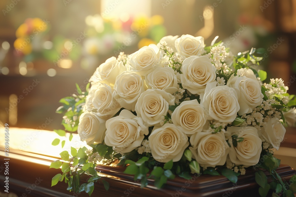 Obraz premium Elegant funeral scene with a wooden casket adorned with white roses and candlelight. A solemn and respectful atmosphere for mourning, remembrance, and memorial services.