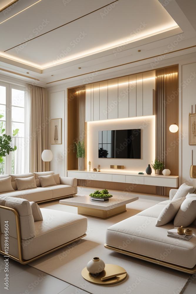 AI Generative. 3D Illustration of Luxury Modern Living Room with Aesthetic TV Backdrop and Light Ambiance. 3 AI Generative. 3D Illustration of Luxury Modern Living Room with Aesthetic TV Backdrop and Light Ambiance. 3