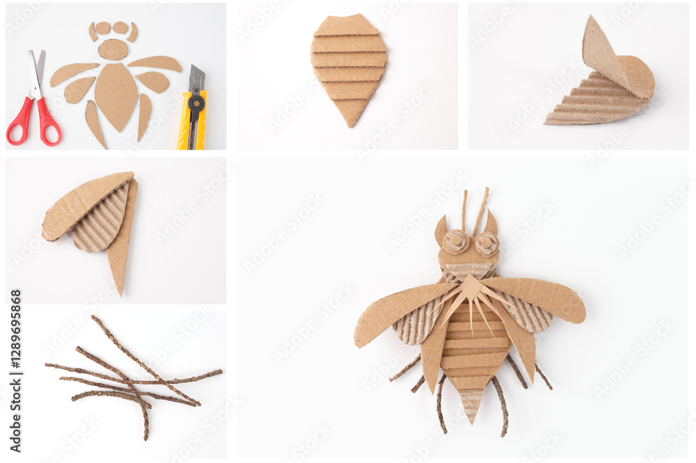 Creative insect model from cardboard and twigs, cardboard box crafts for kids, earthy textures, fun cardboard activities, happy playtime, educational and imaginative handmade crafting project, DIY Creative insect model from cardboard and twigs, cardboard box crafts for kids, earthy textures, fun cardboard activities, happy playtime, educational and imaginative handmade crafting project, DIY