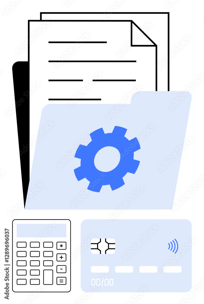 Documents, gear folder, calculator, and contactless credit card visualizing finance, organization, and digital systems. Ideal for accounting, fintech, budgeting analysis workflow management Documents, gear folder, calculator, and contactless credit card visualizing finance, organization, and digital systems. Ideal for accounting, fintech, budgeting analysis workflow management