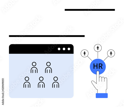 Web interface with team icons, a hand selecting HR, and connected nodes. Ideal for workforce planning, recruitment, team building, employee relations, HR tools, business strategy abstract line flat