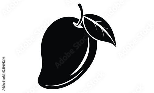 Mango silhouette, mango with leaf vector illustration, mango fruit vector, tropical fruit, black and white mango design  