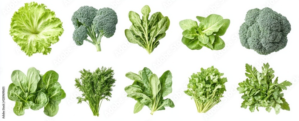 Fresh assortment of leafy greens and vegetables arranged on a white background for nutrition and cooking inspiration Fresh assortment of leafy greens and vegetables arranged on a white background for nutrition and cooking inspiration