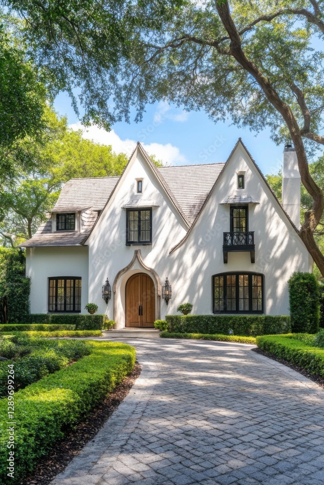 Elegant residential architecture in a well-maintained garden featuring a charming entrance and lush greenery on a sunny day Elegant residential architecture in a well-maintained garden featuring a charming entrance and lush greenery on a sunny day