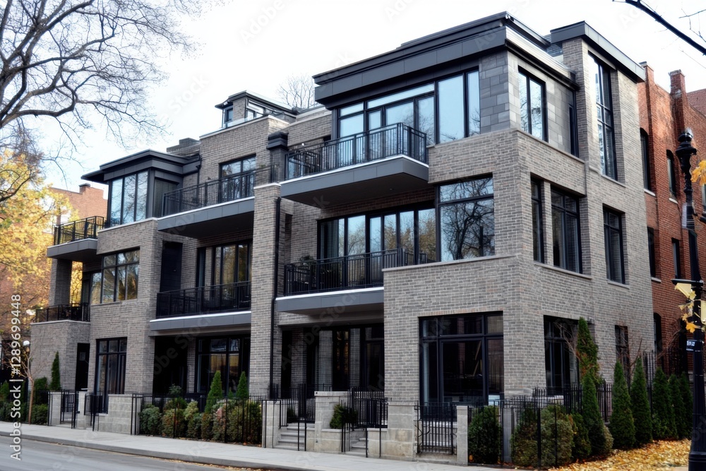 Fototapeta premium Modern brick apartment building located in an urban neighborhood with large windows and contemporary design during autumn