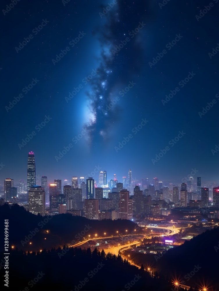 Stunning meteor shower illuminates night sky over a vibrant cityscape with twinkling lights Stunning meteor shower illuminates night sky over a vibrant cityscape with twinkling lights