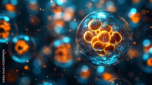 Microscopic view of glowing cells in a dynamic, colorful background showcasing biological activity and cellular structures