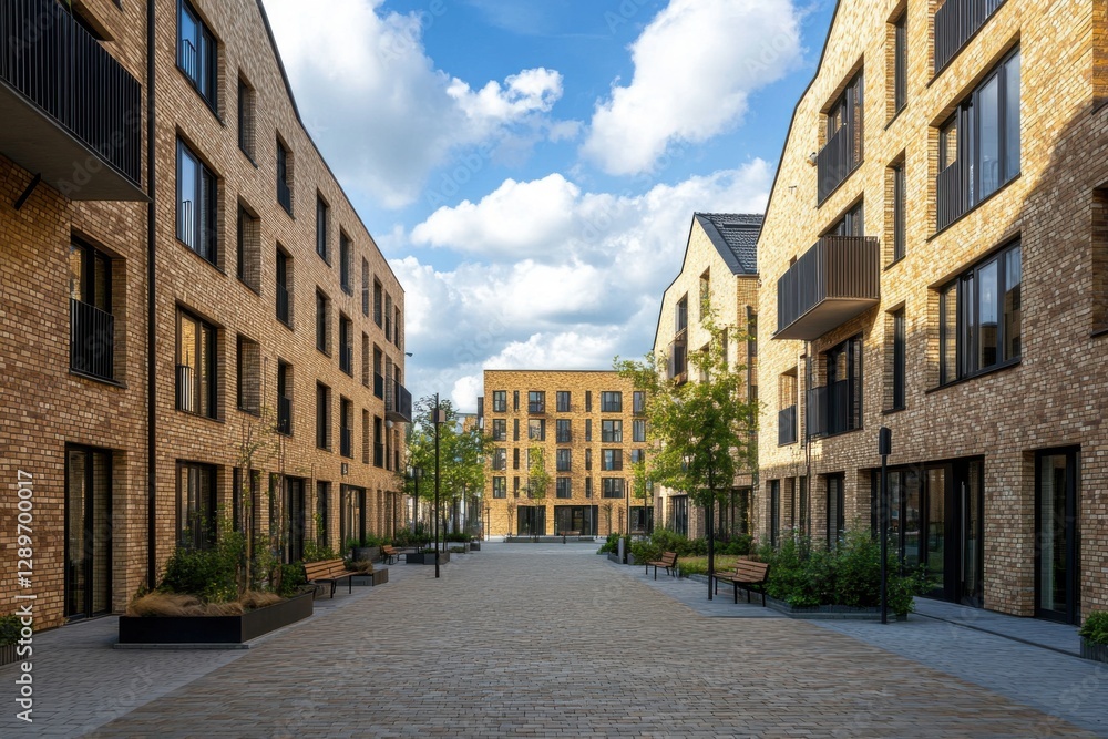 Modern brick buildings with landscaped courtyard under a blue sky in a residential area promoting urban living and community engagement Modern brick buildings with landscaped courtyard under a blue sky in a residential area promoting urban living and community engagement