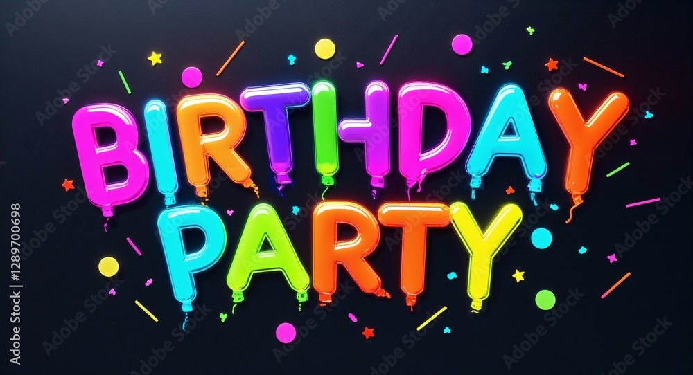 birthday party colorful neon graffiti lettering on plain black background birthday party colorful neon graffiti lettering on plain black background