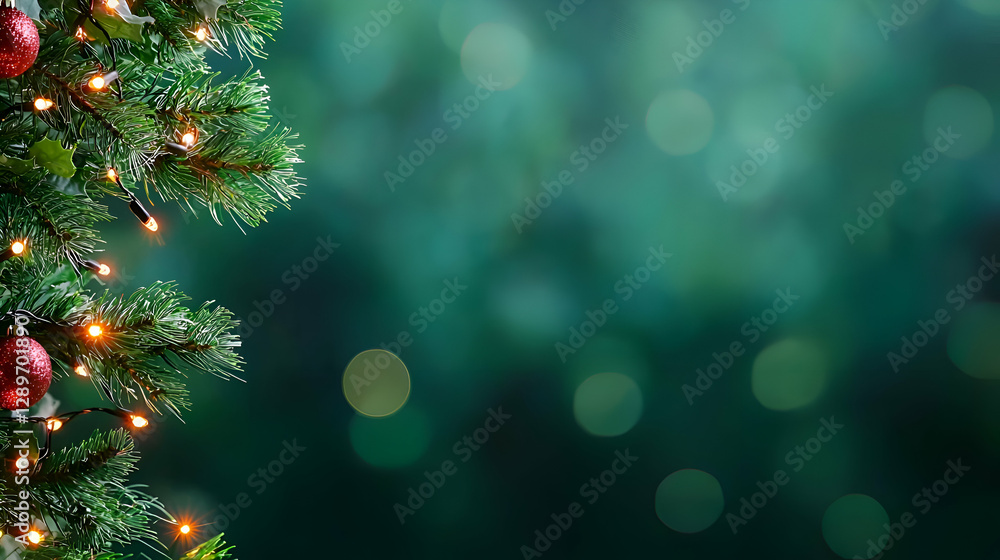 Christmas Tree with Red Ornaments and Warm Lights Against a Dark Green Bokeh Background Christmas Tree with Red Ornaments and Warm Lights Against a Dark Green Bokeh Background