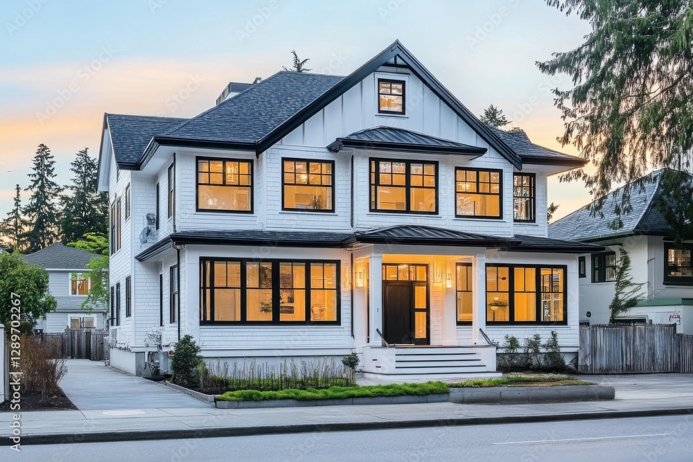 Elegant modern house with large windows and inviting porch on a serene street during the evening glow in a residential neighborhood Elegant modern house with large windows and inviting porch on a serene street during the evening glow in a residential neighborhood