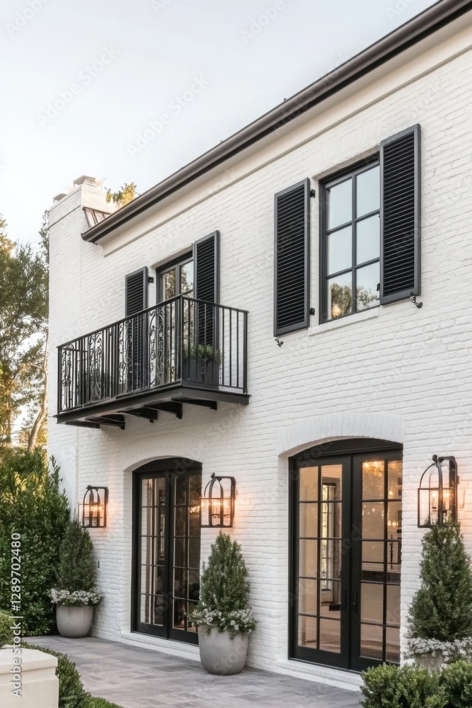 Charming white brick house with elegant black shutters and beautiful landscaping in the late afternoon glow of a serene suburban neighborhood Charming white brick house with elegant black shutters and beautiful landscaping in the late afternoon glow of a serene suburban neighborhood