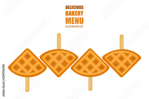 Food vector illustration. Bakery. Crispy waffles, handmade bread. Cooking. Sweet products. Sweet products. Food menu. Blank isolated on white background. For posters, signs, cards, and advertisements