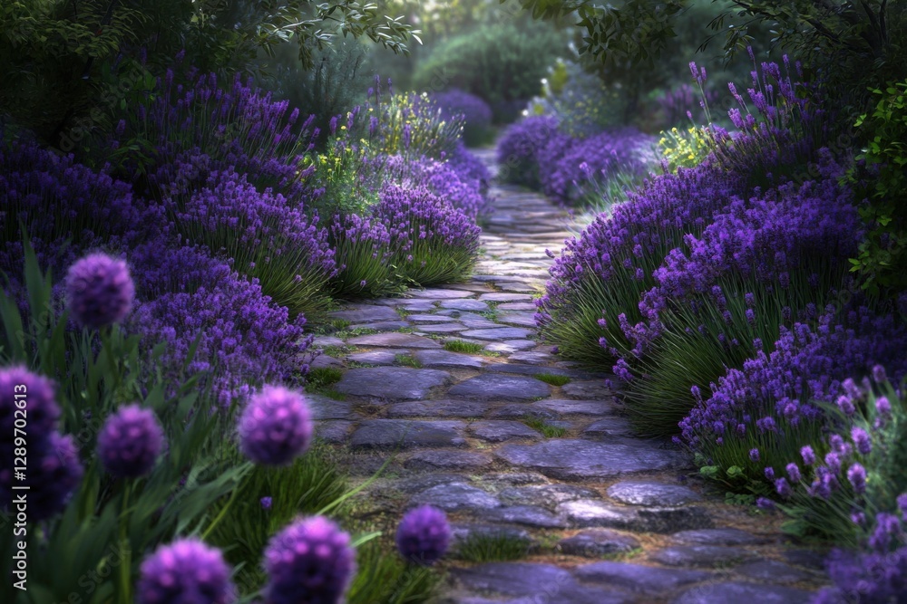 Obraz premium A serene pathway lined with lush lavender invites peaceful strolls amidst vibrant, blooming flowers, leading to a tranquil garden as dusk settles in