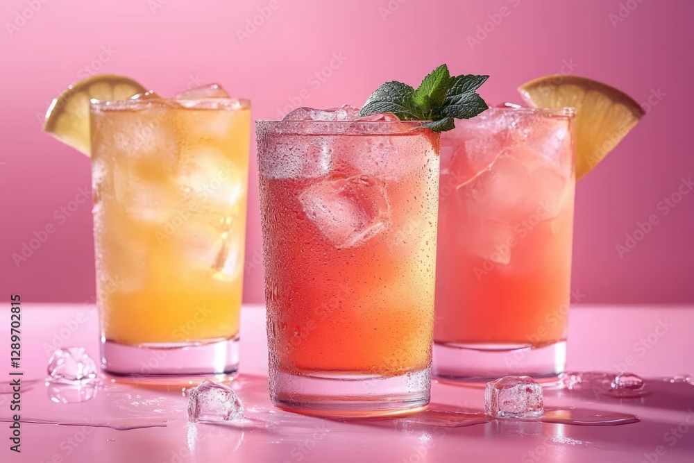 Colorful summer cocktails with citrus garnishes on soft pink background Colorful summer cocktails with citrus garnishes on soft pink background
