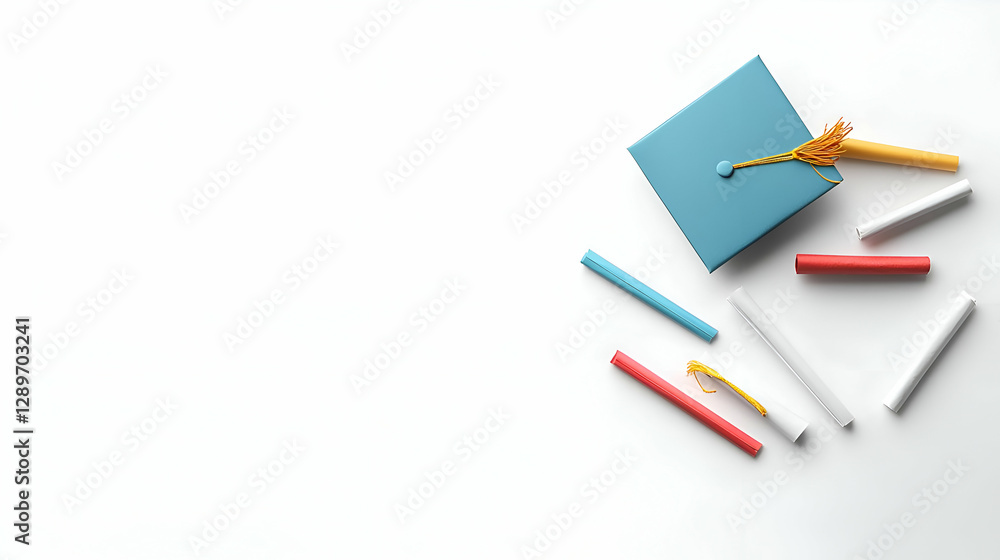 Blue Graduation Cap with Colorful Chalks on White Background Blue Graduation Cap with Colorful Chalks on White Background