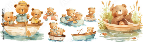 bear in boat watercolor clipart