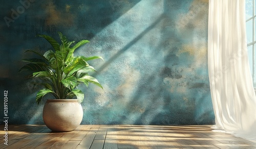 Interior Room with Textured Blue Wall Natural Light Green Plant Minimalist Design