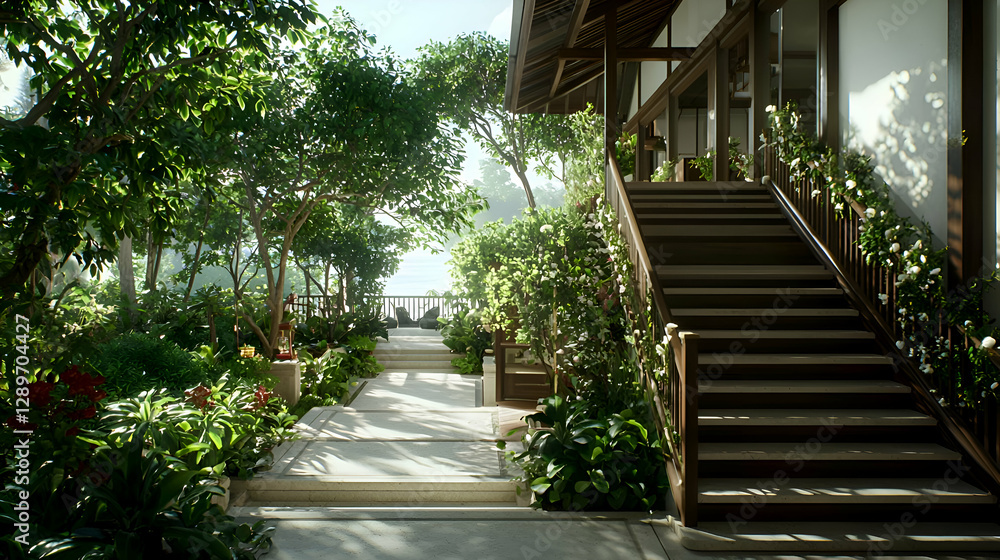 Sunlit Japanese Garden with Wooden Stairs and Lush Greenery Sunlit Japanese Garden with Wooden Stairs and Lush Greenery