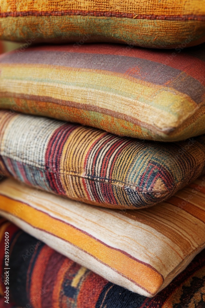 Colorful and textured cushions stacked in a cozy living space, showcasing a variety of patterns and warm hues during daylight Colorful and textured cushions stacked in a cozy living space, showcasing a variety of patterns and warm hues during daylight
