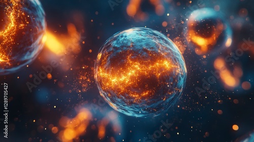 Fototapeta Naklejka Na Ścianę i Meble -  Futuristic glowing cells in vibrant space with bright orange lights, showcasing intricate detail and cosmic hues