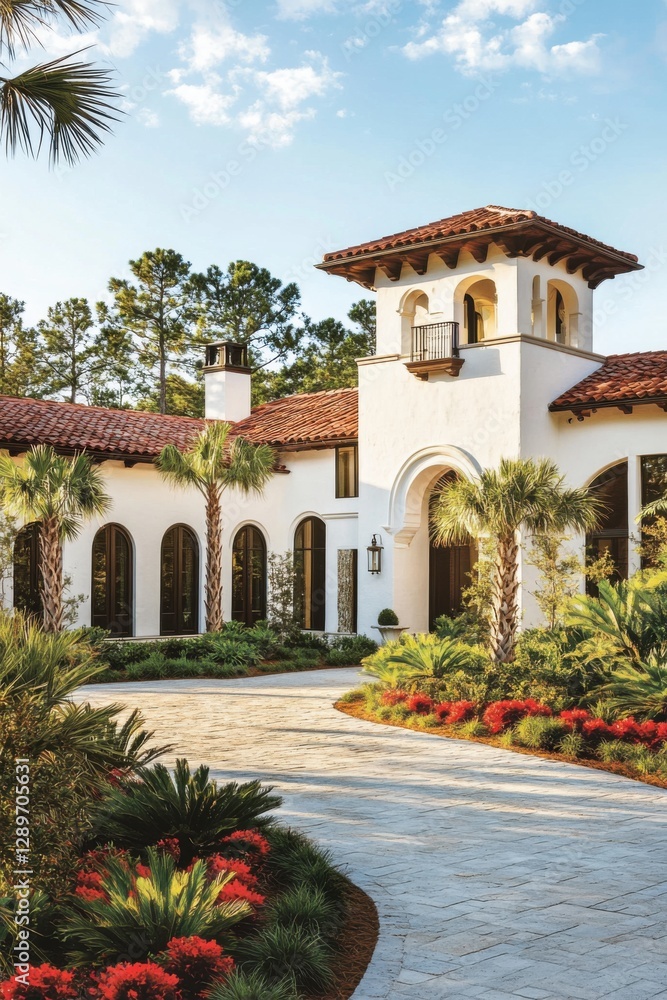 This stunning Mediterranean-style home, featuring a charming red tile roof, is beautifully nestled amidst lush greenery and vibrant flowers, creating a picturesque scene at sunset This stunning Mediterranean-style home, featuring a charming red tile roof, is beautifully nestled amidst lush greenery and vibrant flowers, creating a picturesque scene at sunset