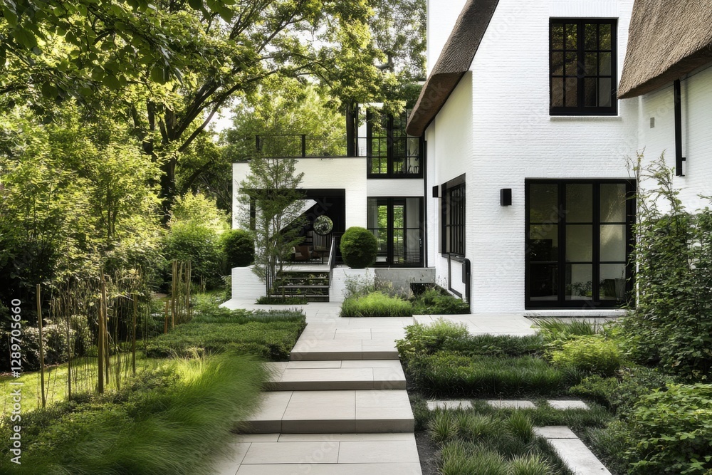 Beautiful modern home with lush greenery and elegant landscaping in a serene residential neighborhood during a sunny afternoon Beautiful modern home with lush greenery and elegant landscaping in a serene residential neighborhood during a sunny afternoon