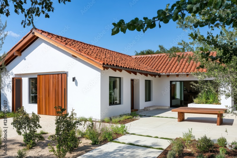 Fototapeta premium A contemporary residential home featuring a charming terracotta roof and elegant wooden accents, perfectly situated in a tranquil outdoor environment on a beautiful sunny day