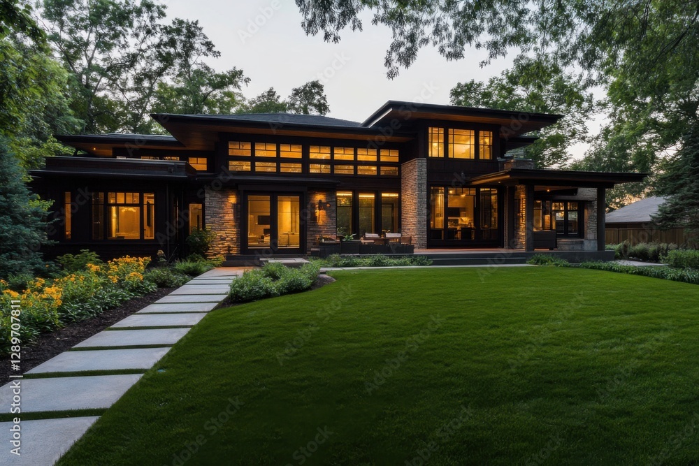 This sophisticated, contemporary home boasts expansive windows that allow ample natural light, all nestled within a vibrant landscape of lush greenery at twilight This sophisticated, contemporary home boasts expansive windows that allow ample natural light, all nestled within a vibrant landscape of lush greenery at twilight