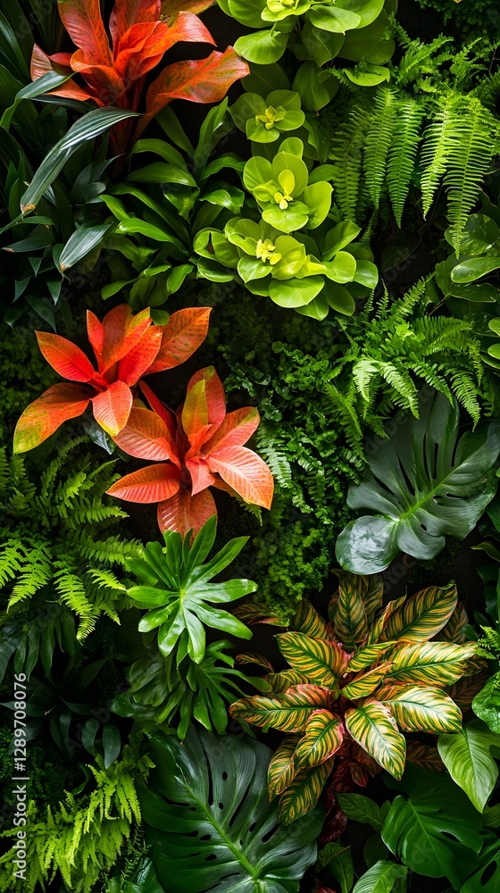 Vibrant Botanical Tapestry: A vertical garden showcases a kaleidoscope of lush foliage, with rich greens and pops of fiery reds and oranges from blossoming plants. Vibrant Botanical Tapestry: A vertical garden showcases a kaleidoscope of lush foliage, with rich greens and pops of fiery reds and oranges from blossoming plants.
