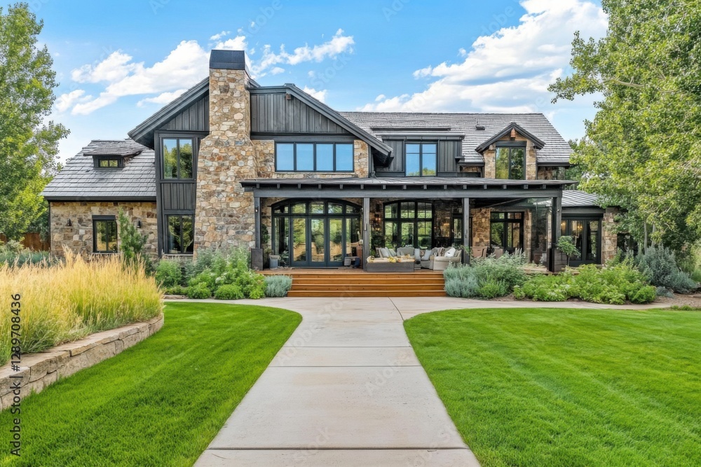 A stunning modern stone house features expansive windows that bring in natural light and is surrounded by a beautifully landscaped garden, all set in a charming residential neighborhood on a sunny day A stunning modern stone house features expansive windows that bring in natural light and is surrounded by a beautifully landscaped garden, all set in a charming residential neighborhood on a sunny day