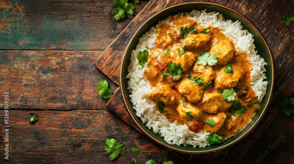 A warm and flavorful bowl of chicken korma with basmati rice, placed on a dark textured background to emphasize its creamy sauce. A warm and flavorful bowl of chicken korma with basmati rice, placed on a dark textured background to emphasize its creamy sauce.