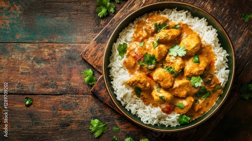 A warm and flavorful bowl of chicken korma with basmati rice, placed on a dark textured background to emphasize its creamy sauce.