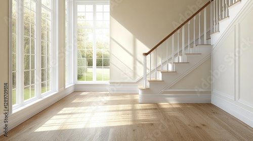 Wallpaper Mural Sunlit Empty Foyer with Wooden Floors and Stairs Torontodigital.ca