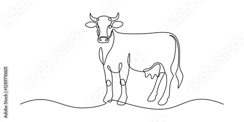 Cows on pasture in One continuous line drawing. Milk calf animal grazing symbol and beef meat farm concept in simple linear style. Editable stroke. Doodle vector illustration