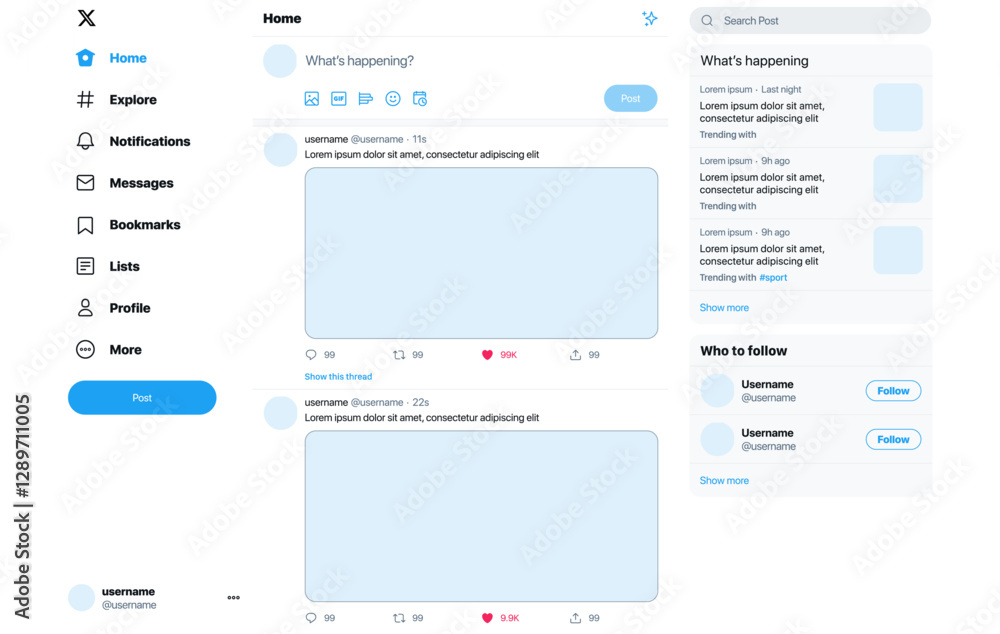 Fototapeta premium Twitter X UI. Twitter X user interface post template. Twitter X mockup social media template.