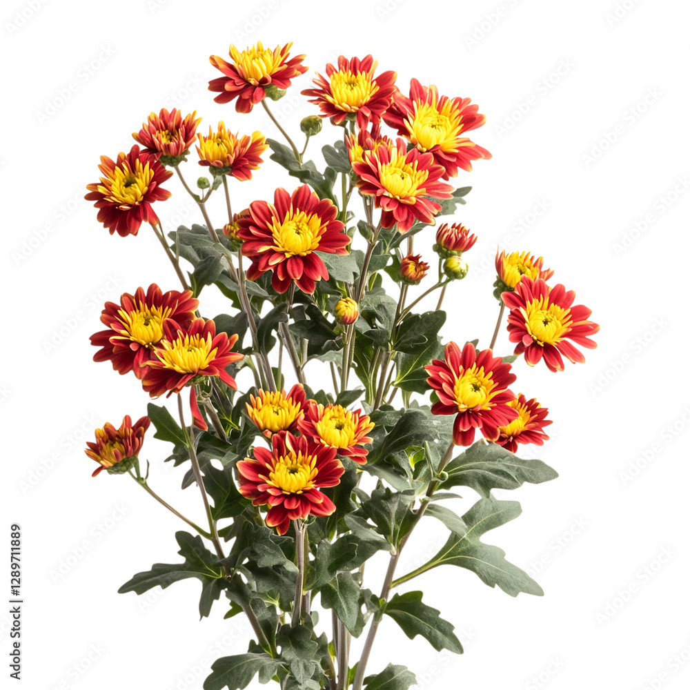 A Vibrant Chrysanthemum Plant with Yellow and Red Flowers Isolated on Transparent Background A Vibrant Chrysanthemum Plant with Yellow and Red Flowers Isolated on Transparent Background