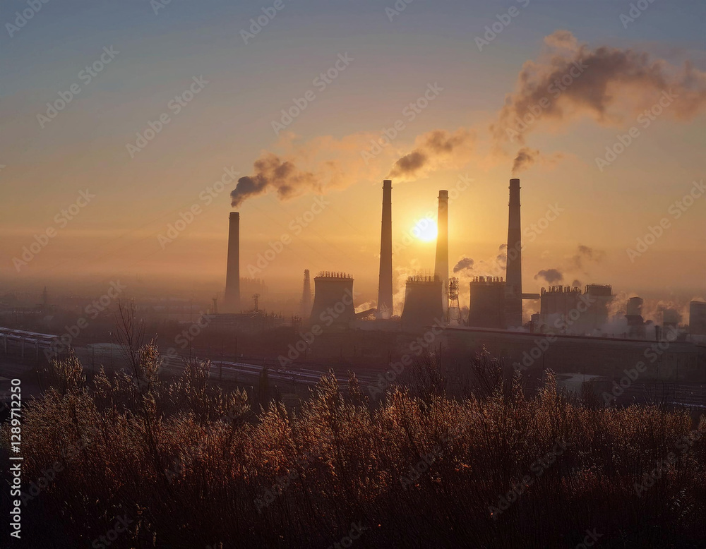 A factory with tall chimneys emits thick smoke into the air during sunrise, creating a hazy industrial landscape. A factory with tall chimneys emits thick smoke into the air during sunrise, creating a hazy industrial landscape.