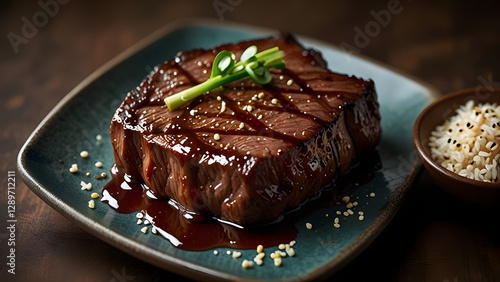 Sliced beef teriyaki with scallions and caramelized glaze