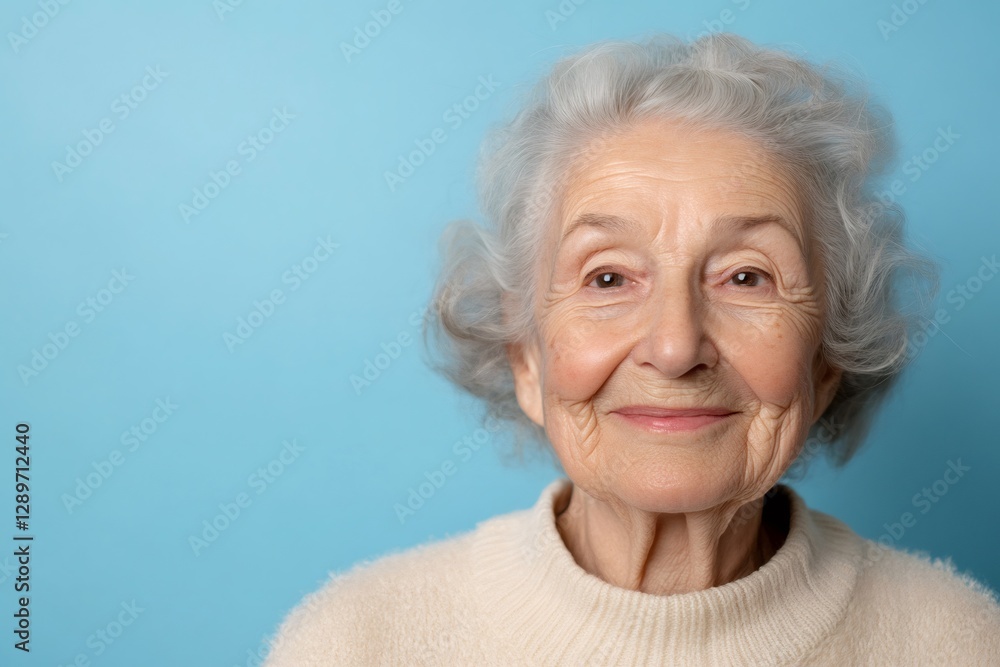 Portrait of a smiling senior woman with grey hair on a blue background Portrait of a smiling senior woman with grey hair on a blue background