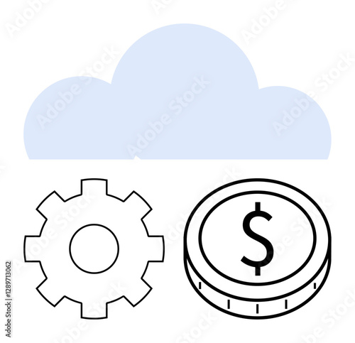 Blue cloud behind gear and dollar coin, indicating synergy of technology, finance, and innovation. Ideal for cloud computing, data management, business growth, tech integration, economic trends