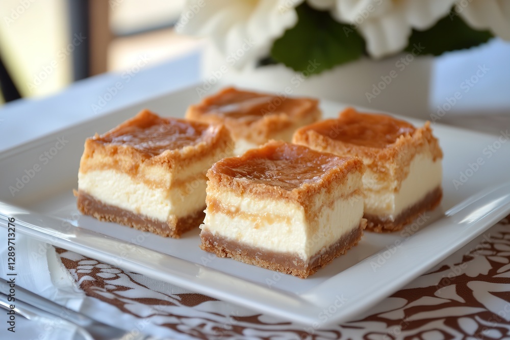 Delicious layered dessert served on a plate with decorative table setting in a cozy dining area Delicious layered dessert served on a plate with decorative table setting in a cozy dining area
