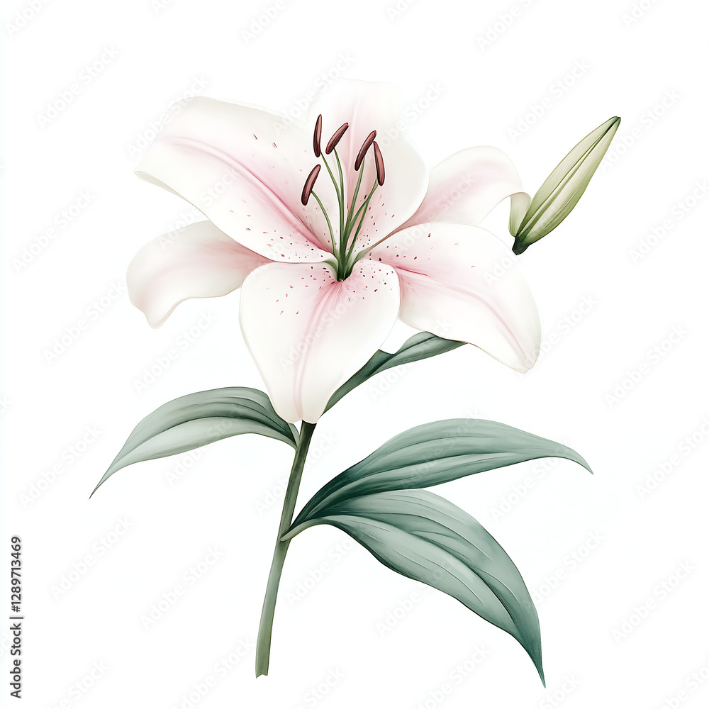 Obraz premium Delicate lily flower painted in soft akvarel watercolor style, gentle brushstrokes blending pastel pink and white petals, subtle green stem and leaves, minimalistic composition on a pure white backgro