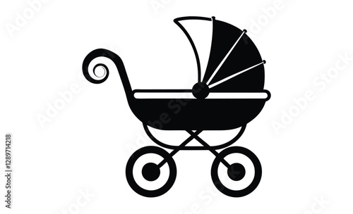 Baby carriage silhouette, vintage pram vector icon, stroller illustration