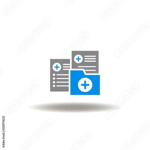 Vector illustration of directory and paper sheets with health care cross. Symbol of anamnesis. Icon of patient medical history.
