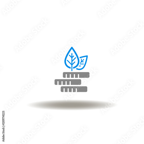 Vector illustration of coins stack with plant or growing leaves. Symbol of investment growth. Icon of billing.