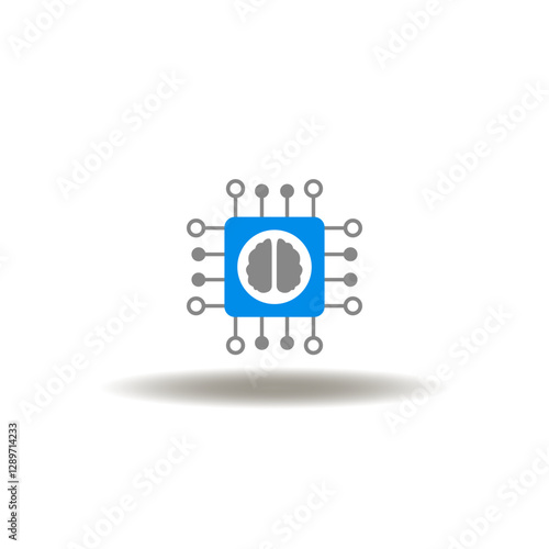 Vector illustration of processor with brain. Symbol of AI Artificial Intelligence Neural Network Computer Technology. Icon of micro nano quantum chip.