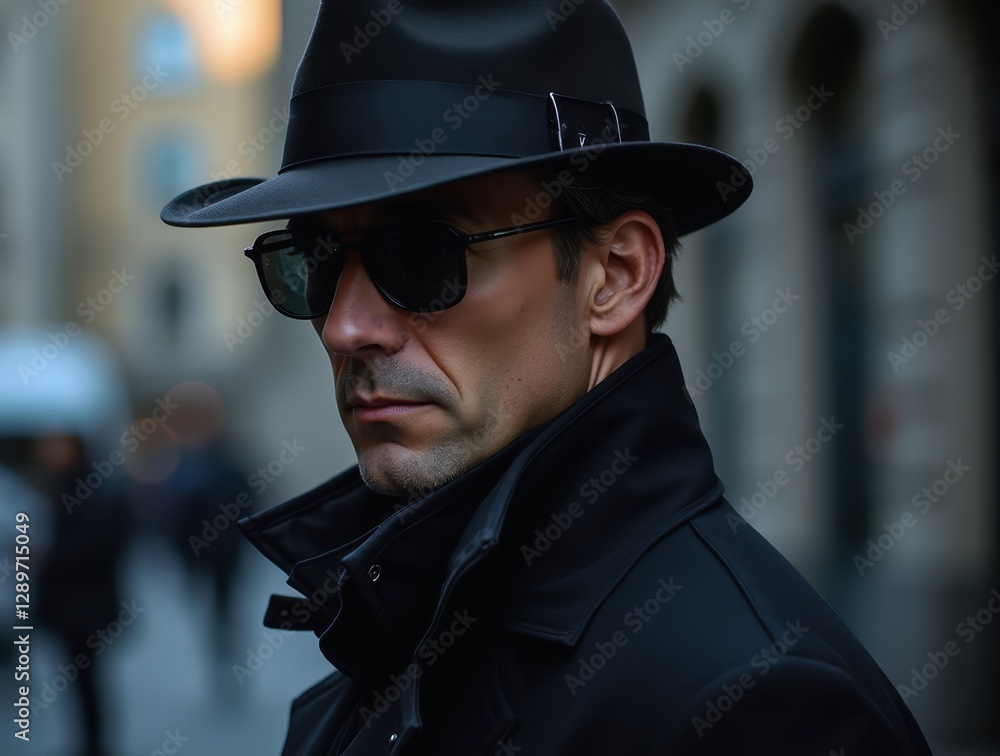 Secret agent wearing sunglasses and hat walking in the city Secret agent wearing sunglasses and hat walking in the city