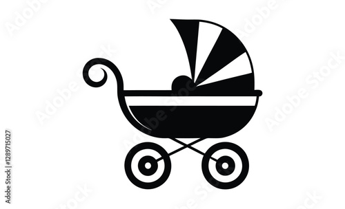 Baby carriage silhouette, vintage pram vector icon, stroller illustration