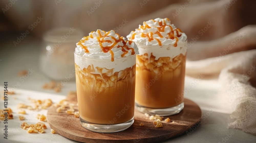 Iced caramel drinks with whipped cream and caramel topping for summer refreshment Iced caramel drinks with whipped cream and caramel topping for summer refreshment
